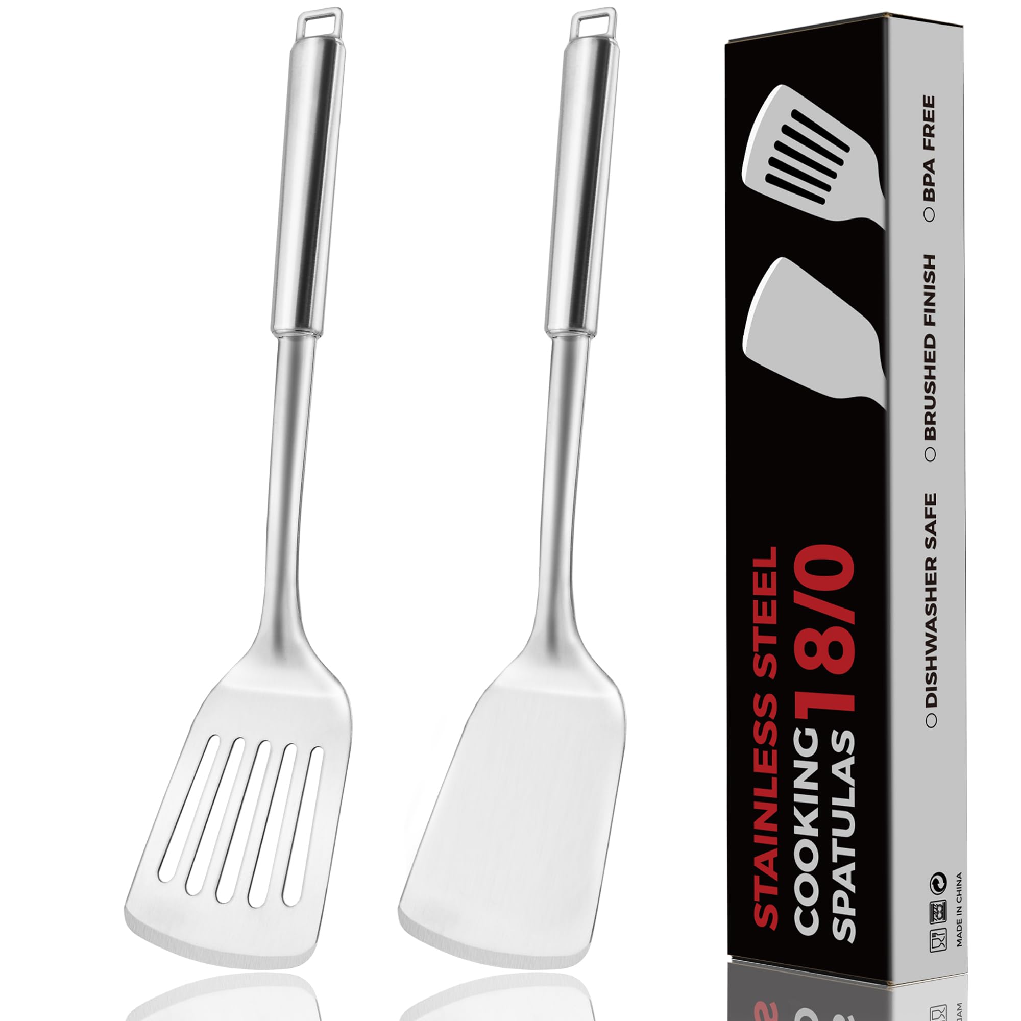 MUJINON 14.5-in Stainless Steel Spatula Set, 18/0 SS Heavy Duty Turner & Slotted Spatula for Kitchen Use, Cast Iron Grilling Frying, Pack of 2