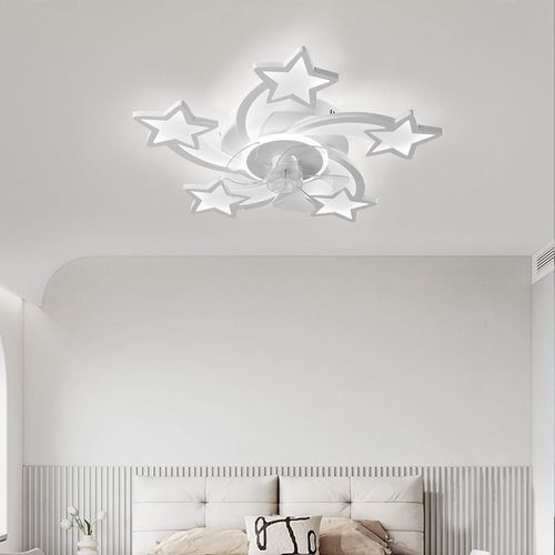 JAYMP 27.6 Inch Modern Stars Ceiling Light with Fan, 6 Speeds with 5 Blades, Remote Control Ceiling Fan White Dimmable LED Lighting Fixture for Dining Room Bedroom Small Living Room