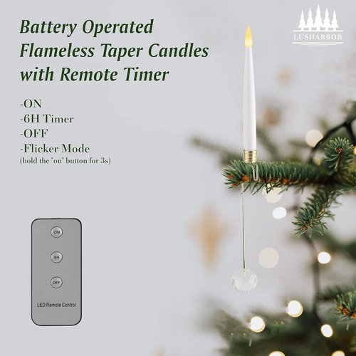LUSHARBOR Flameless Taper Candles - 10 Pack LED Christmas Tree Decor with Remote & Crystal Ball Hook