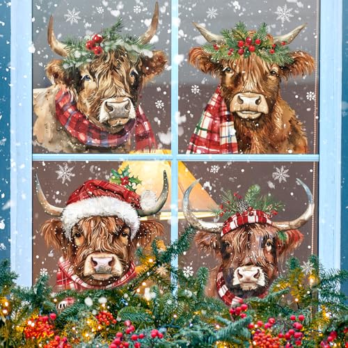 Christmas Window Clings Highland Cow Watercolor Holiday Decor Set - Reusable