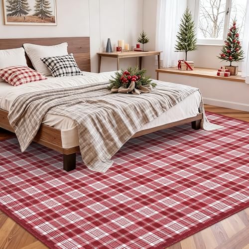 Christmas Red & White Large 8x10 Washable Area Rug - Festive Living Room Decoration