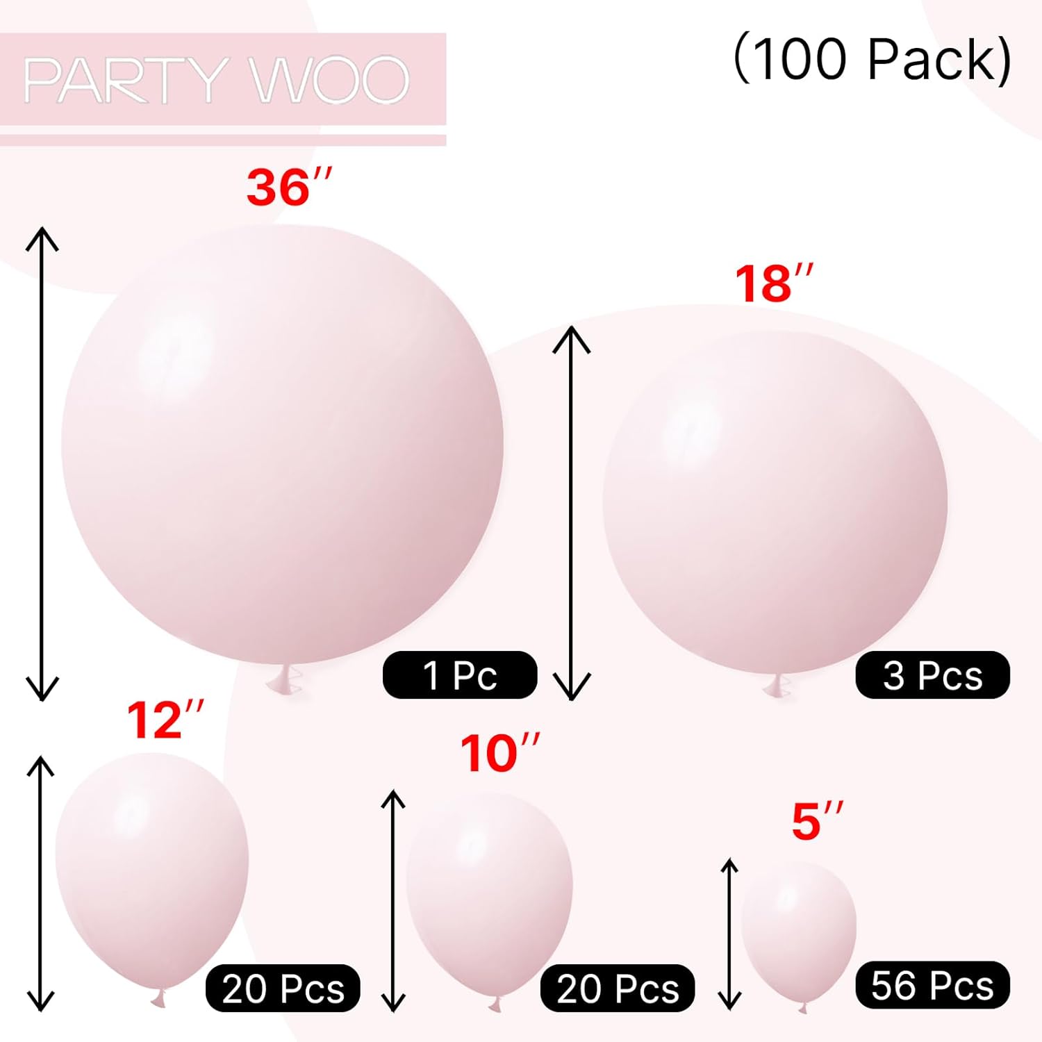 PartyWoo Pale Pink Balloon Arch Kit - 100pcs in Various Sizes for Birthday, Engagement, Baby Shower Decor