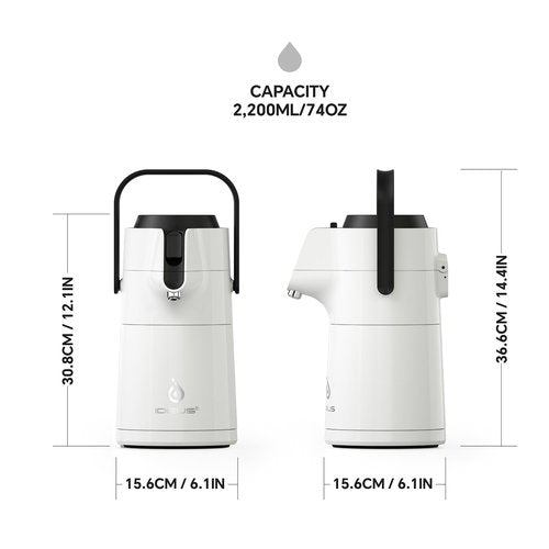 IDEUS Thermal Coffee Carafe 74oz (2,200ml), Stainless Steel Double Wall Insulated Vacuum Flask, Water Jug Coffee Server and Beverage Dispenser, Heat and Cold Retention (White, 74oz (2,200ml))