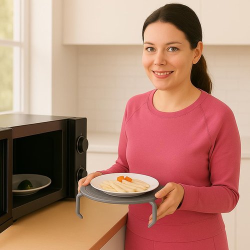 Microwave Multipurpose 4 in 1 Tray Stand Rack Splatter Guard Carry Tray Stacking Shelf (1, Gray)