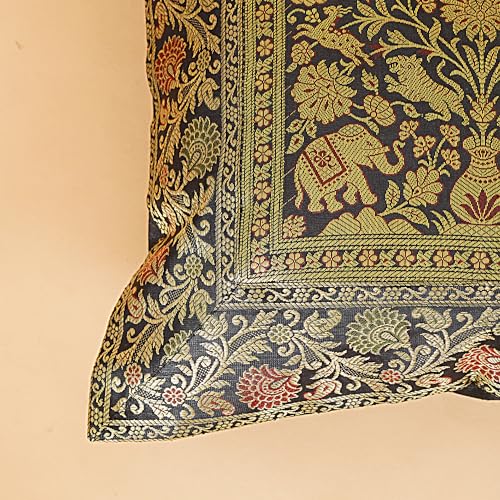 Bohemian Elephant Silk Cushion Cover 16x16 Inch - Black