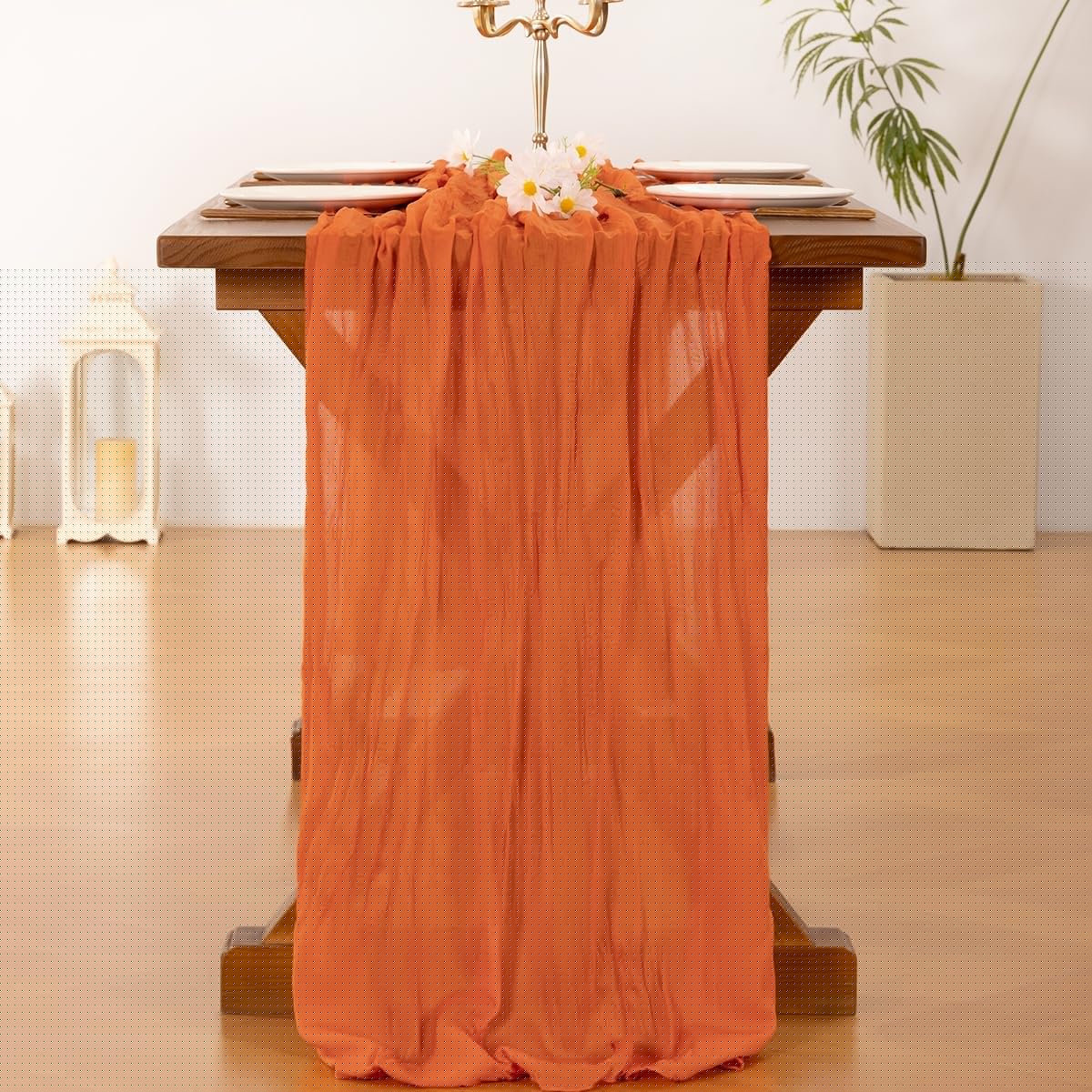 Socomi Cheesecloth Table Runner - Boho Rustic Sheer Design | 120 Inch Orange for Weddings & Events