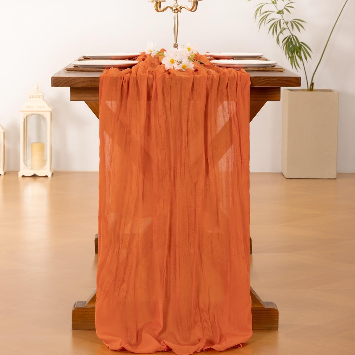 Socomi Cheesecloth Table Runner - 3pcs Orange Boho Rustic Design | 120 Inch Sheer Decor for Weddings & Events