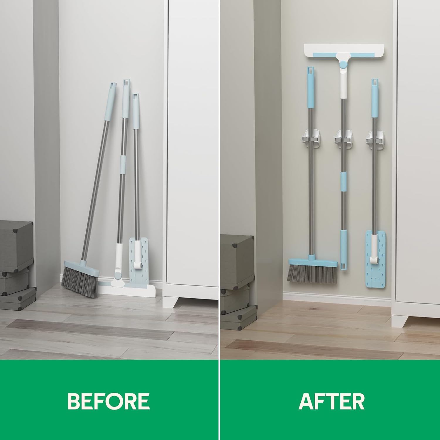Reliahom Broom Holder Wall Mount - No Drilling, Self-Adhesive Mop Grippers | 5 Pack, White Garage Organizer