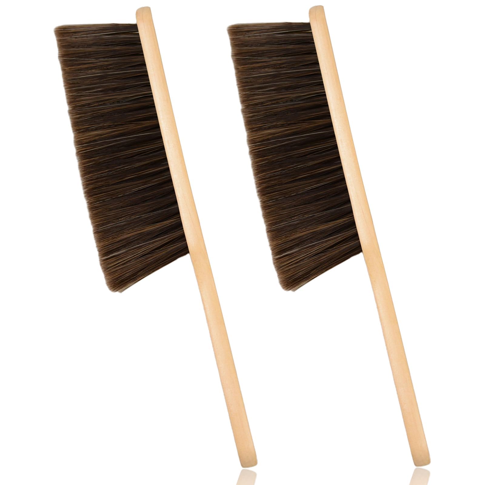 2 Pieces Woooden Dust Brush Hand Broom Bench Brush with Long Wood Handle Whisk Broom Soft Bristle Brush for Counter Bed Sofa Car Fireplace Clothes Household Cleaning