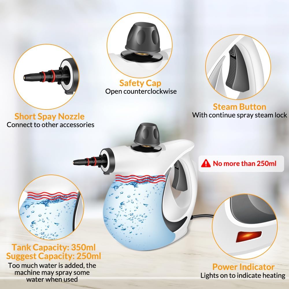 Skiennix Handheld Steam Cleaner - 12-Piece Accessory Set for Home, Car, and Upholstery - Deep Gray