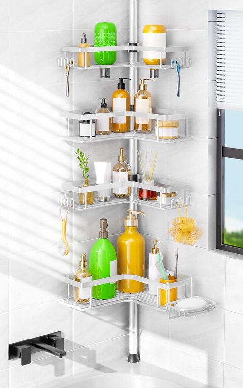 HAMITOR Corner Shower Caddy - 4-Tier Rustproof Bathroom Organizer with Soap Holder & Hooks | No-Drill Adjustable Tension Pole (47-123 Inch)
