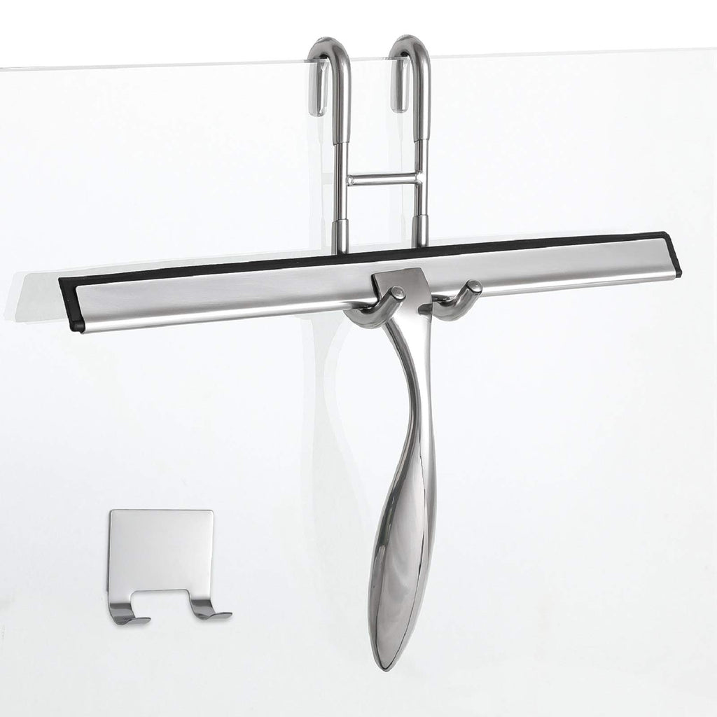 Simtive 12-Inch Shower Squeegee Set, Includes Shower Door Hook and Adhesive Hook, Squeegee for Shower Doors, Mirror and Window, Silver