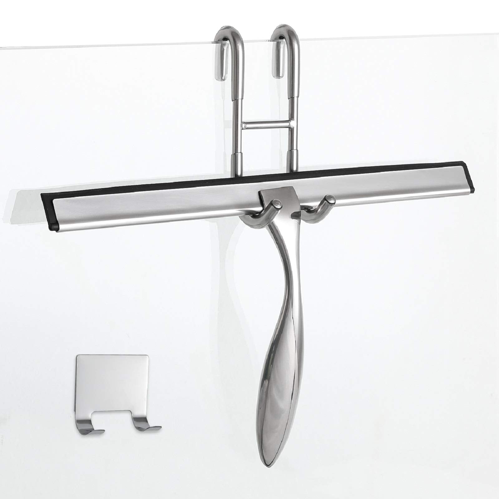 Simtive 12-Inch Shower Squeegee Set, Includes Shower Door Hook and Adhesive Hook, Squeegee for Shower Doors, Mirror and Window, Silver