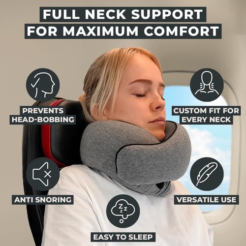 FlyHugz® Neck Travel Pillow - Ergonomic Memory Foam for Ultimate Comfort | Compact Design for Airplane, Car, and Home Use