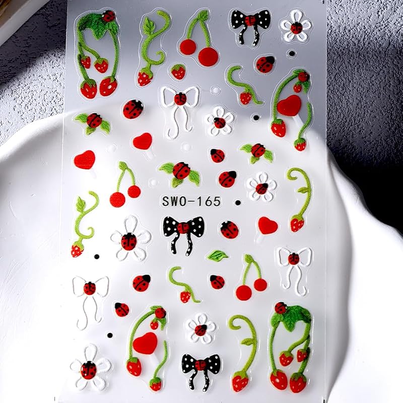 5D Embossed Nail Art Stickers Strawberry Ladybug Self-Adhesive Decals
