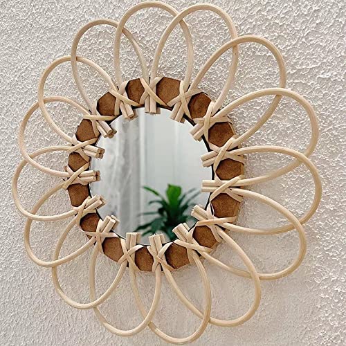 OYPEIP 11-Inch Handwoven Rattan Sunburst Wall Mirror