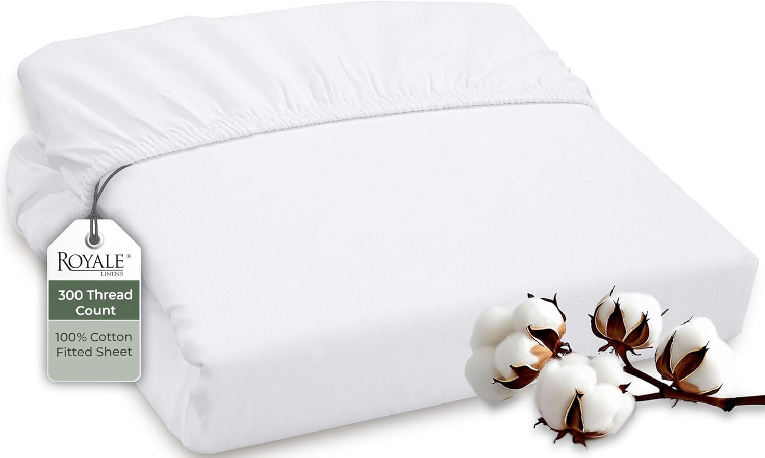 Royale Linens 300 Thread Count Fitted Sheet - Super Soft 100% Long Staple Cotton | Queen Size, White