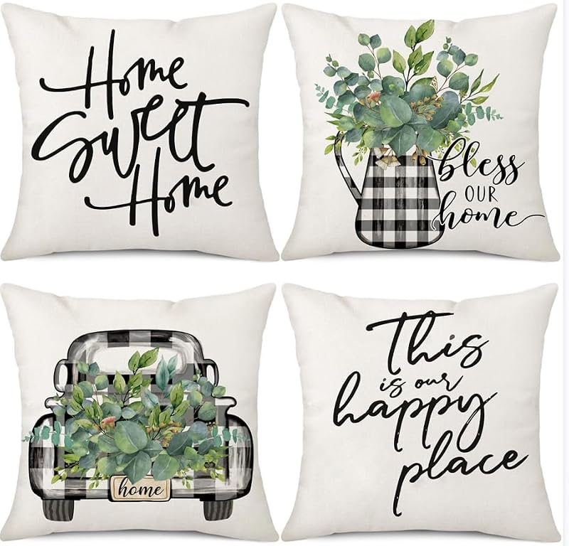 Farmhouse Eucalyptus Leaves Pillow Covers Set of 4 18x18 Inches for Home Decor