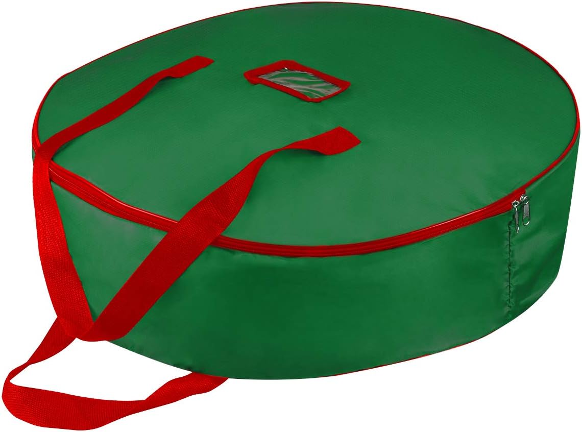 TQS 25" Christmas Wreath Storage Bag - Heavy Duty Container with Reinforced Handle & Double Zipper - Green