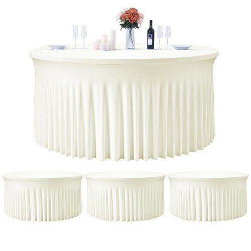 Hietaap 4 Pack Ivory Spandex Round Tablecloths for Wedding Table, Stretchy 60 inch Fitted 5FT Round Table Cloths Cover with Skirt for Banquets Trade Shows Parties Events
