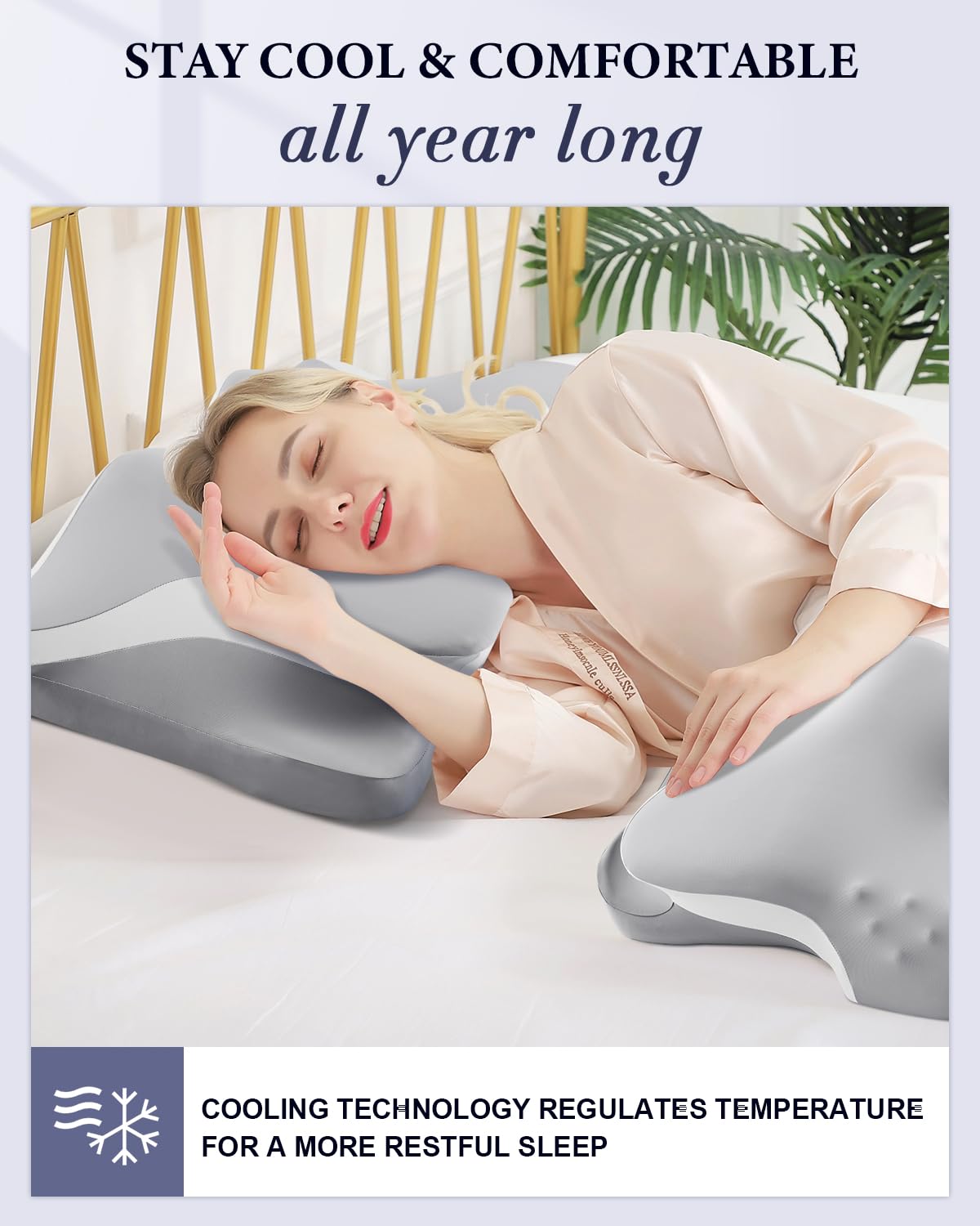 Cervical Neck Pillow for Pain Relief, Cooling Ergonomic Memory Foam Pillows for Sleeping with Breathable Pillowcase, Contour Deep Sleep Neck Support Pillow for Side Back Stomach Sleepers-Light Grey