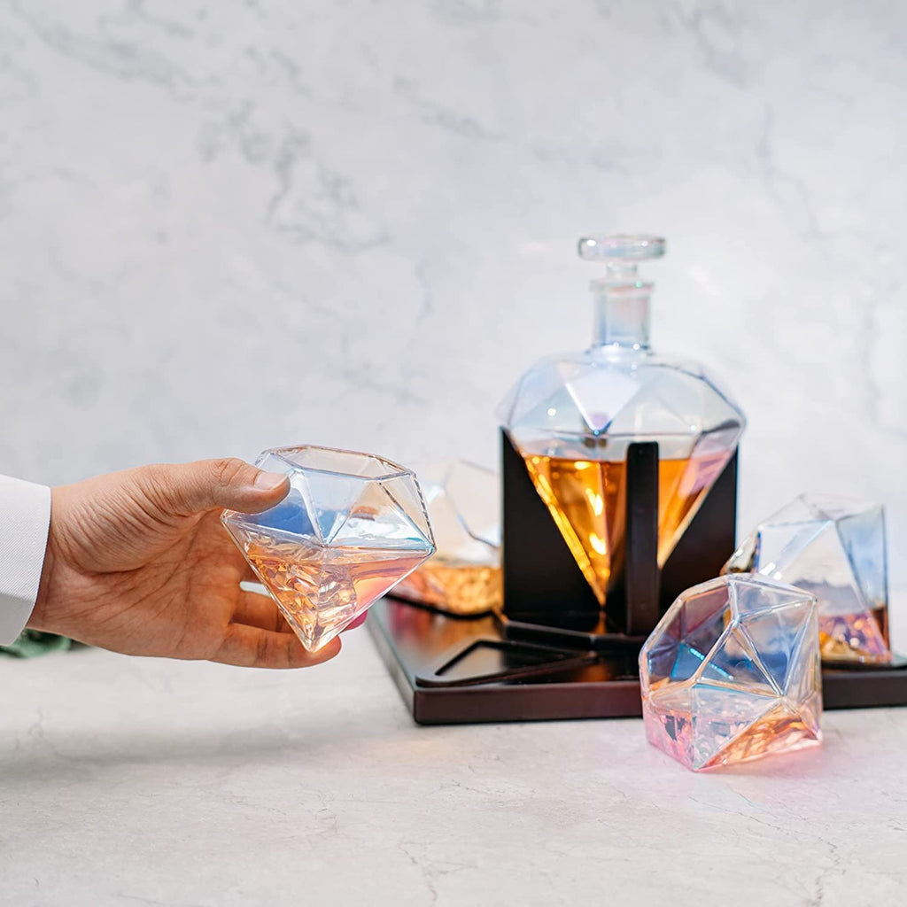 The Wine Savant Diamond Whiskey & Wine Decanter, Iridescent Set - 750ml With 4 Diamond Glasses and Beautiful Mahogany Wooden Holder Liquor, Scotch, Rum, Bourbon, Tequila Tray Whiskey Gifts for Men