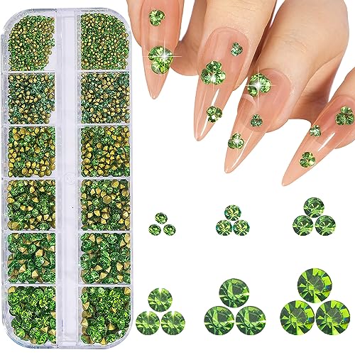 Light Green Nail Rhinestones 1660Pcs Crystal Gems with Storage Box