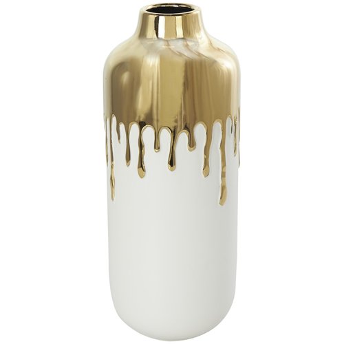 CosmoLiving by Cosmopolitan Ceramic Decorative Vase Centerpiece Vase with Abstract Gold Melting Drips, Flower Vase for Home Decoration 5" x 5" x 14", White