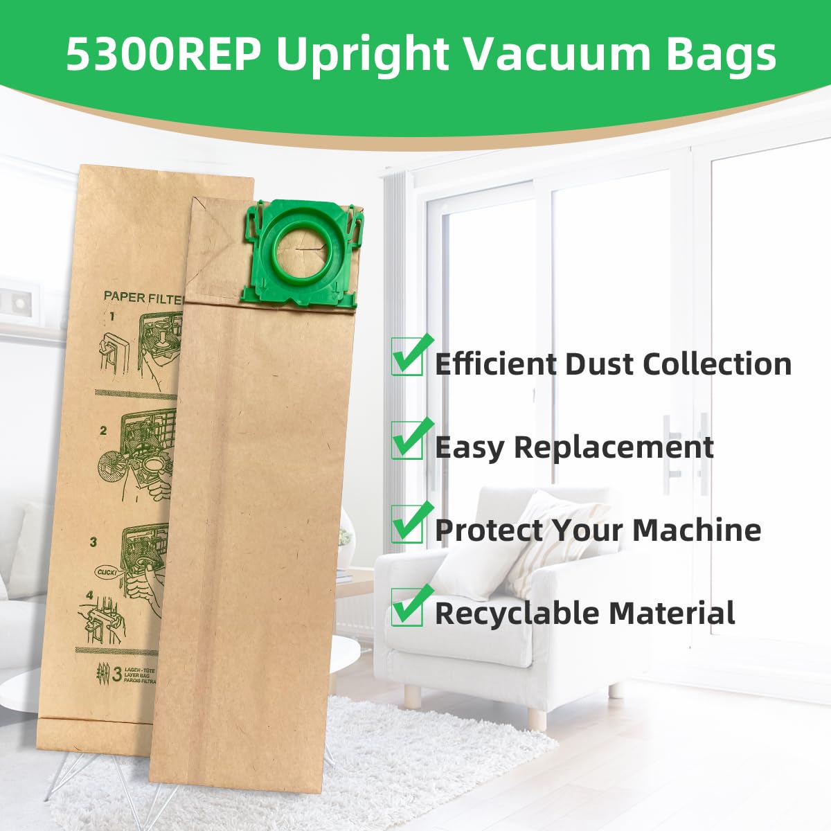 10 Pack 5300REP Vacuum Filter Bags Compatible with Sebo X/G/C Series and Windsor Sensor S12 S15 XP12 XP18 SR12 SR15 SR18 Upright Vacuum Replacement Bags for 5300REP