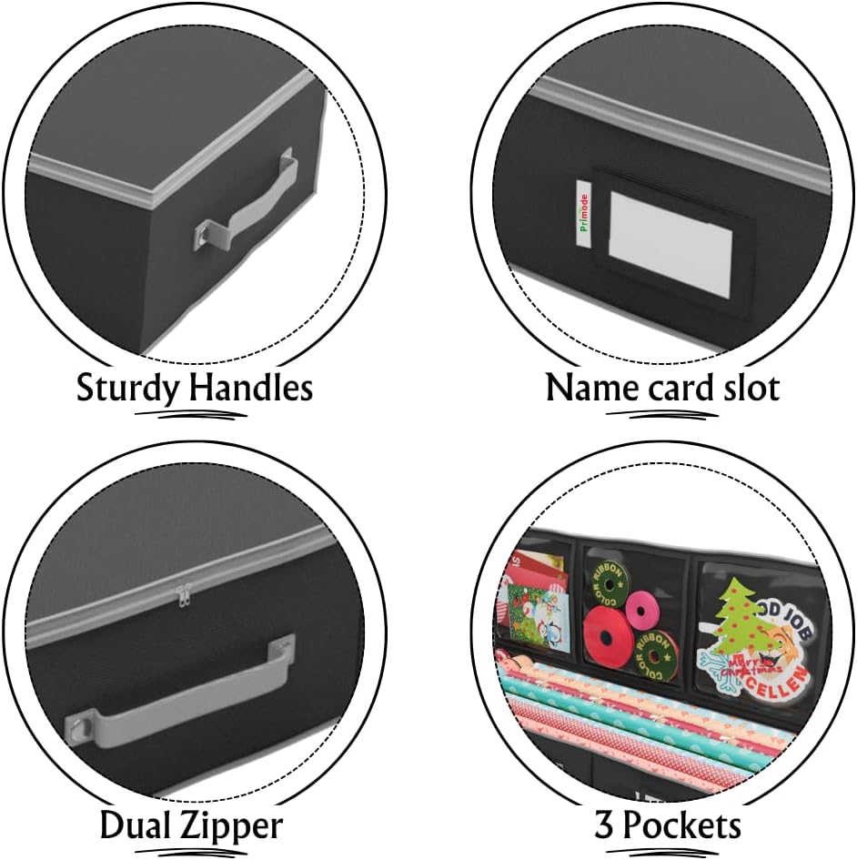 Primode Wrapping Paper Storage Container - Gift Wrap Organizer for Under Bed | 41”x14”x6” | Holds 18-24 Rolls Up to 40” | Durable 600D Oxford Material | Pockets for Ribbons and Bows (Black)