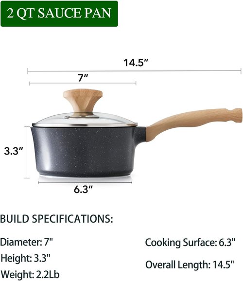 Greblon 2 Quart Nonstick Saucepan with Lid - Non Toxic Ceramic Cookware, Induction Compatible