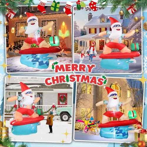 Gardentime 6.5FT Inflatable Santa Surfing Christmas Holiday Yard Decor with LED Lights