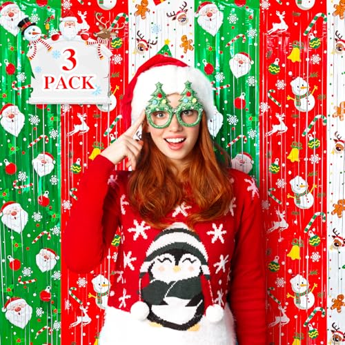 Festive Foil Fringe Curtains Red Green White with Santa & Reindeer - Christmas Party Backdrop & Photo Booth Props - 3 Pack