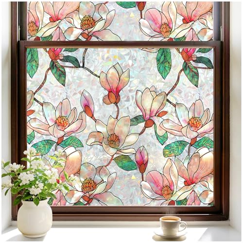 rabbitgoo Magnolia Stained Glass Window Privacy Film 17.5" x 78.7" - Rainbow Light Effect