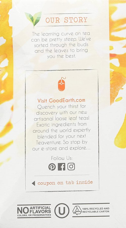 Organic Sweet & Spicy Herbal Caffeine Free Good Earth Teas 18 Tea Bag (Pack of 2)