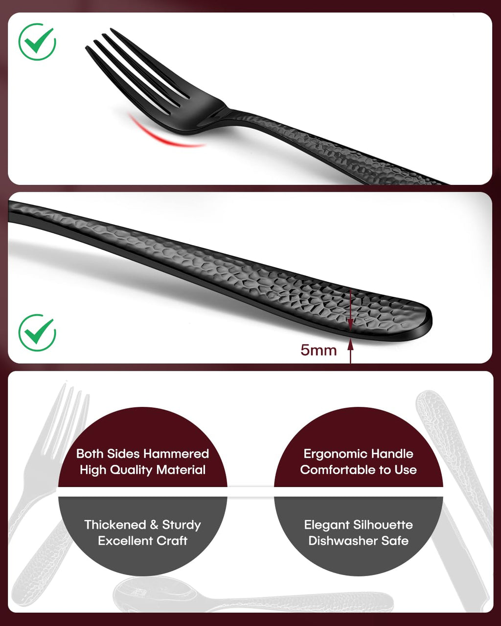 Hammered Black Silverware Set, EUIRIO 30-Piece Cutlery Set for 6, Heavy Duty Stainless Steel Flatware Set, Food-Grade Utensil Sets Includes Spoons Forks and Knives, Mirror Finish Dishwasher Safe