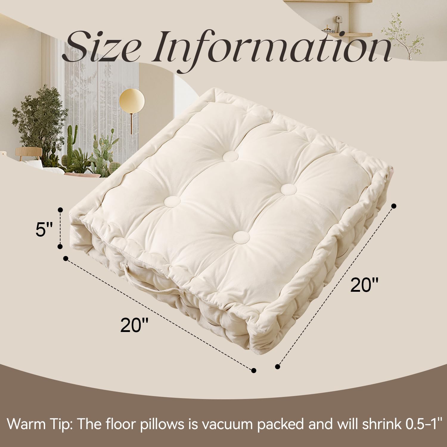 Skiennix Large Square Floor Pillow - Comfortable Meditation Cushion with Shredded Memory Foam | 20"x20"x5" Ivory
