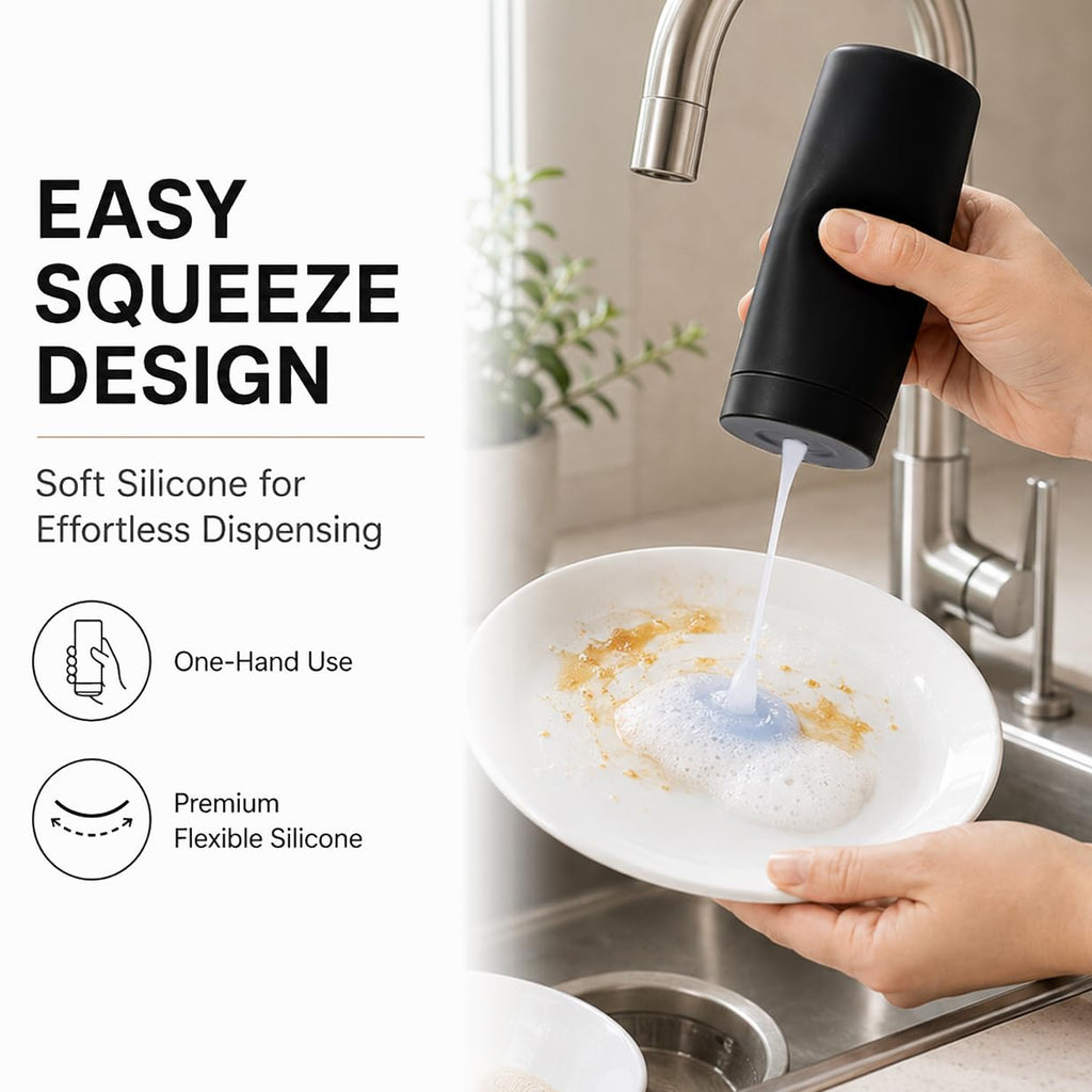 Silicone Dish Soap Dispenser, 8 Oz Refillable Squeeze Bottle, Leakproof for Kitchen Sink, Black
