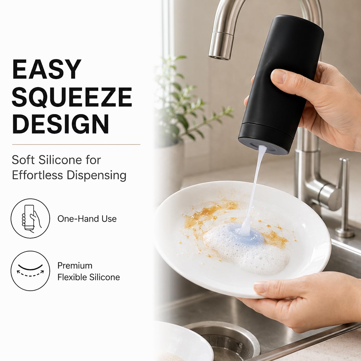 Silicone Dish Soap Dispenser, 8 Oz Refillable Squeeze Bottle, Leakproof for Kitchen Sink, Black