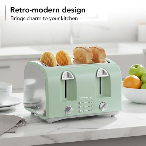 OVENTE Electric 4-Slice Toaster Machine with 6-Shade Selector Setting, Cancel Button, Defrost Function, Crumb Tray, 1400W Power and Wide Slots for Bagels, Waffles and Puff Pastry, Light Blue TS4410LBL