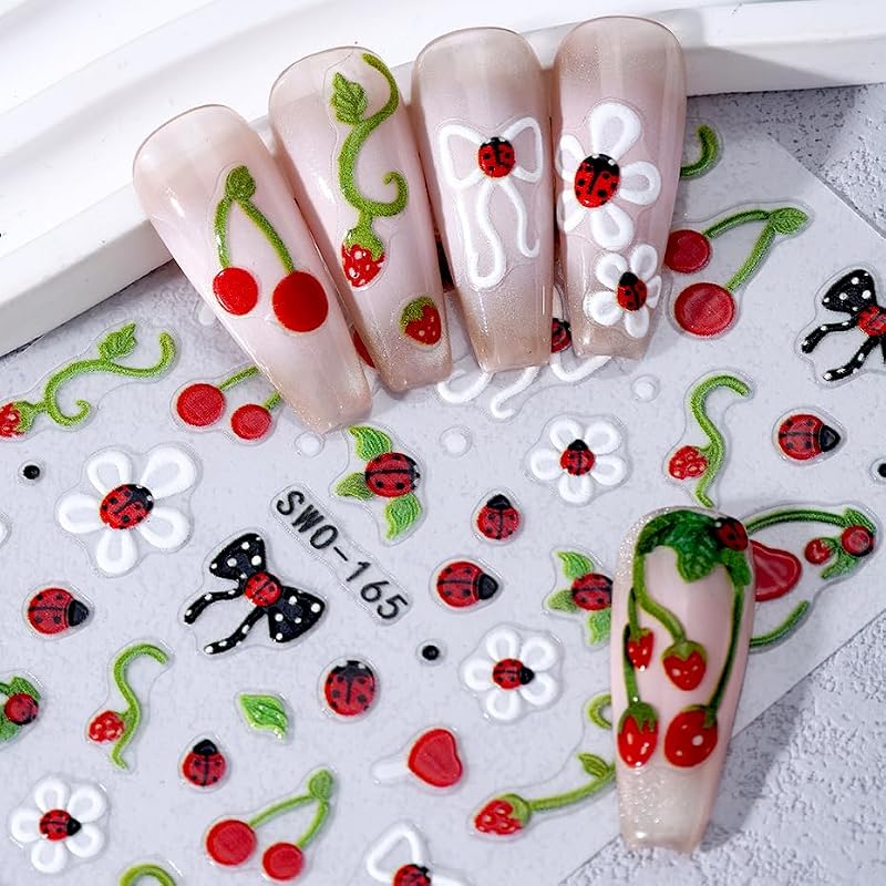5D Embossed Nail Art Stickers Strawberry Ladybug Self-Adhesive Decals