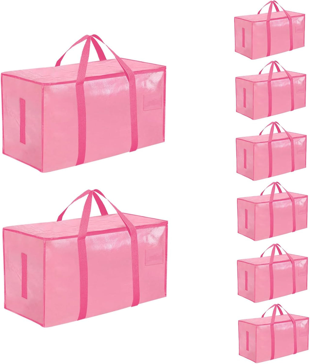 Skiennix Extra Large Heavy Duty Moving Bags - Waterproof Storage Totes with Zippers & Handles | 8 Pack (Pink)