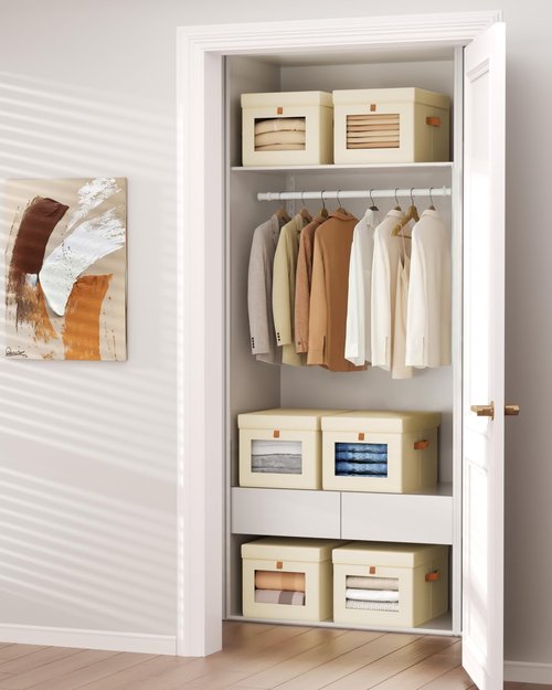 Homsorout Storage Bins with Lid - Foldable Fabric Organizer with Clear Window | 3 Pack, Beige