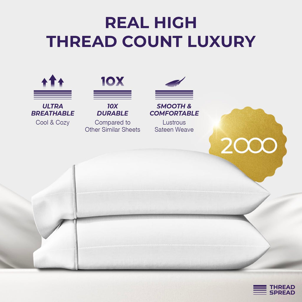 THREAD SPREAD 100% Egyptian Cotton Pillow Cases Queen Size Set of 2 - Luxury 2000 Series Queen Pillow Cases (21” x 32”, White), Soft Cooling Envelope Closure Hotel Quality Egyptian Cotton Pillowcases