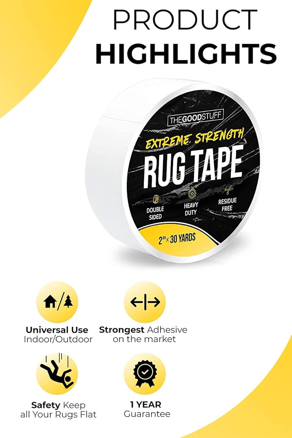 The Good Stuff Double-Sided Carpet Tape - Heavy-Duty Non-Slip Rug Gripper | 2" x 10 Yards - Residue-Free Removal