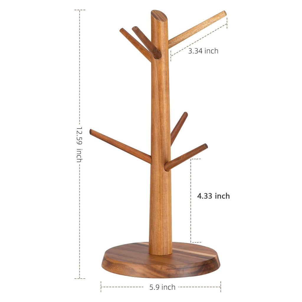 E-ROOM TREND Coffee Mug Holder Countertop Natural Acacia Wood Mug Tree, Wooden Mug Organizer with 6 Hooks for Kitchen Coffee Bar, Easy to Assemble, Ideal for Small to Medium Mugs