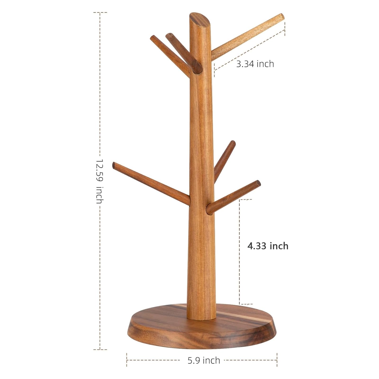 E-ROOM TREND Coffee Mug Holder Countertop Natural Acacia Wood Mug Tree, Wooden Mug Organizer with 6 Hooks for Kitchen Coffee Bar, Easy to Assemble, Ideal for Small to Medium Mugs