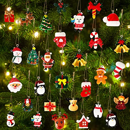 Mini Resin Christmas Ornaments Set - 36 Tiny Holiday Decorations with String