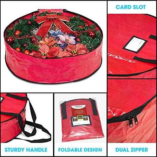 ProPik Christmas Wreath Storage Bag - Heavy-Duty Tear Resistant Holiday Container - 24” X 8” (Red)