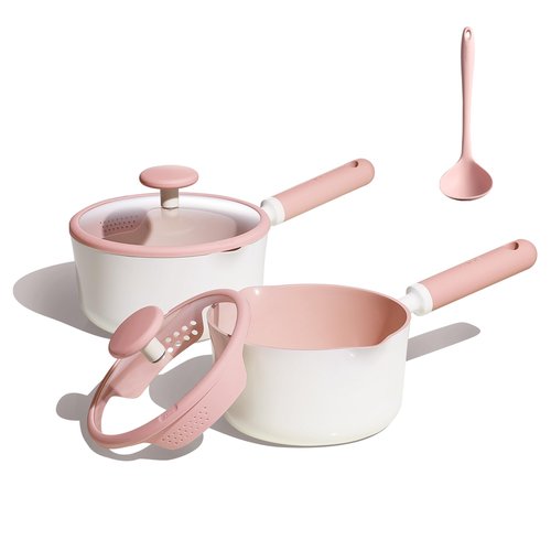 CAROTE 2.5QT & 3.0QT Sauce Pan Sets with Lid & Ladle Ceramic Nonstick Pot Set Non Toxic Saucepan with Stay-cool Handle Small Kitchen Cooking Pots, Easy to Clean, Induction Comptable, PFOA FREE
